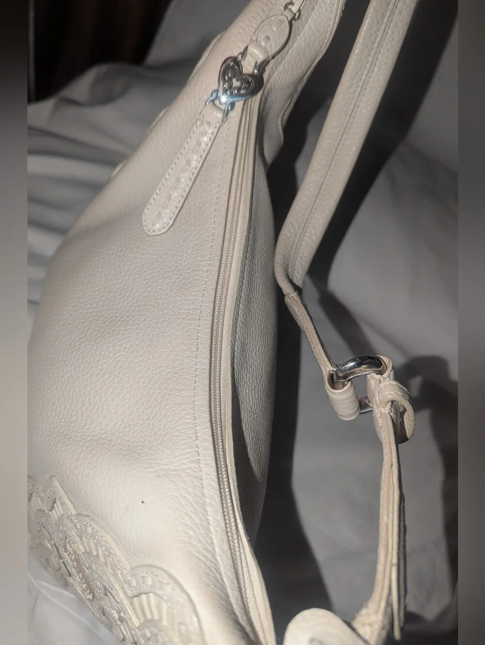 Brighton Off White Nikki Leather Shoulder Bag with Floral  Applique Heart Charm
